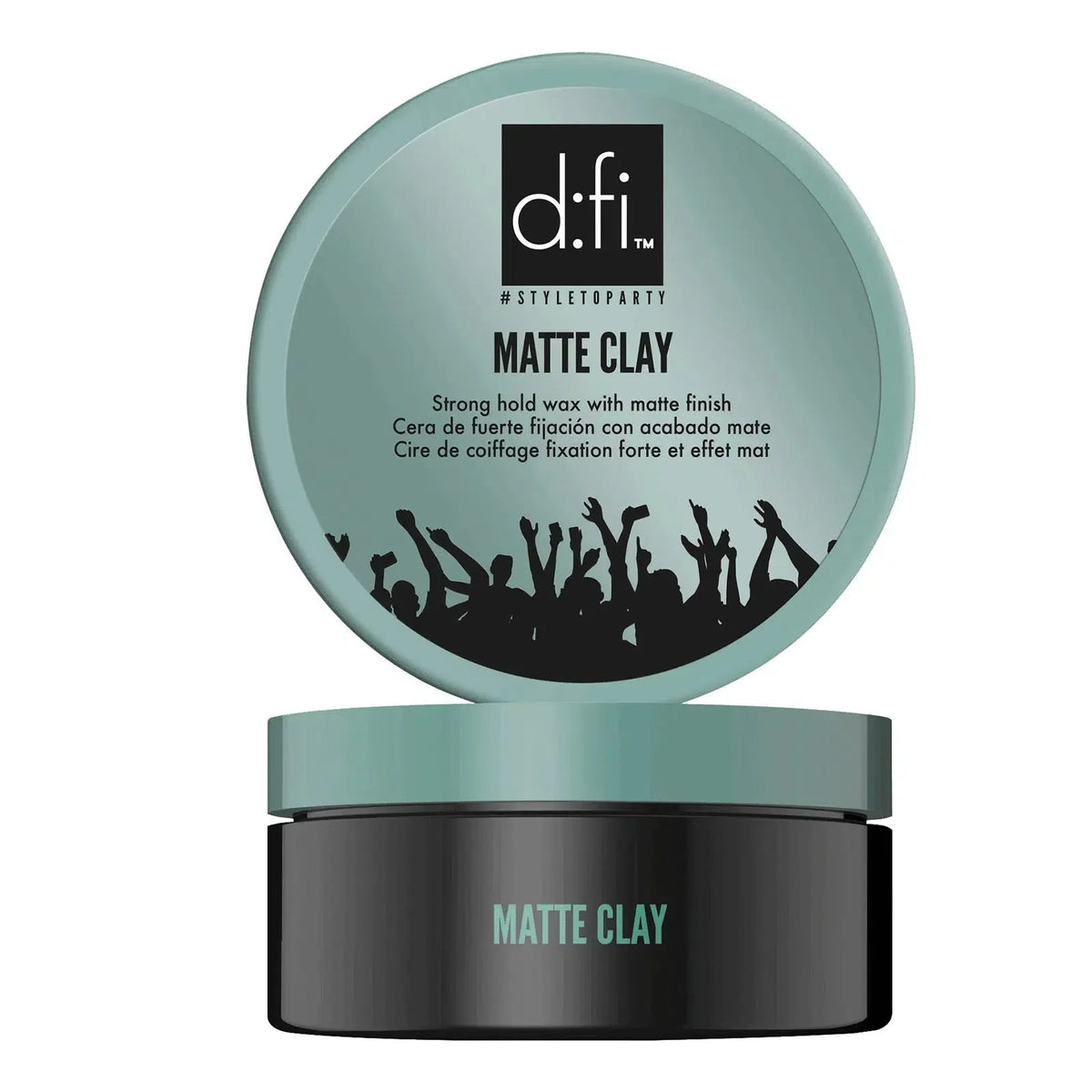 D:Fi Matte Clay — black jar with teal lid shown above, front label reading Matte Clay strong hold wax with matte finish, on white
