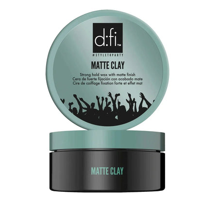 D:Fi Matte Clay — black jar with teal lid shown above, front label reading Matte Clay strong hold wax with matte finish, on white