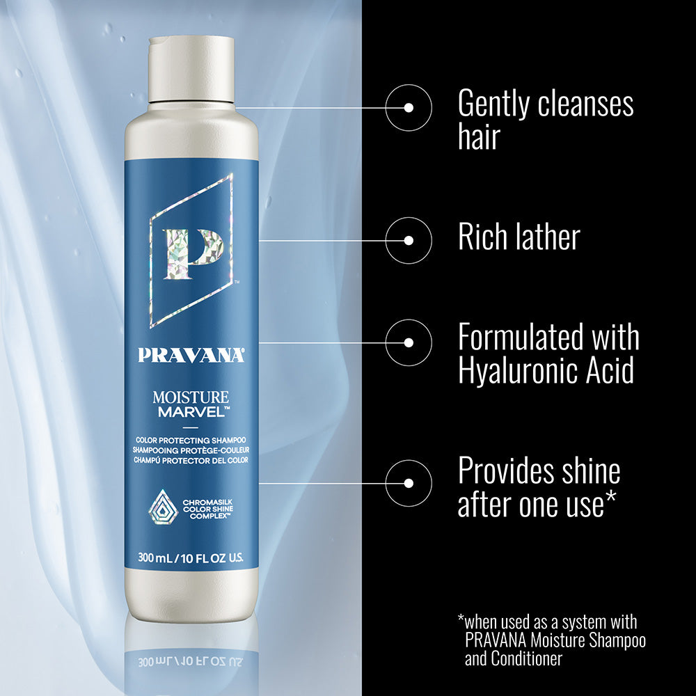 Moisture Marvel Shampoo — benefits infographic, new-livery 300 ml bottle