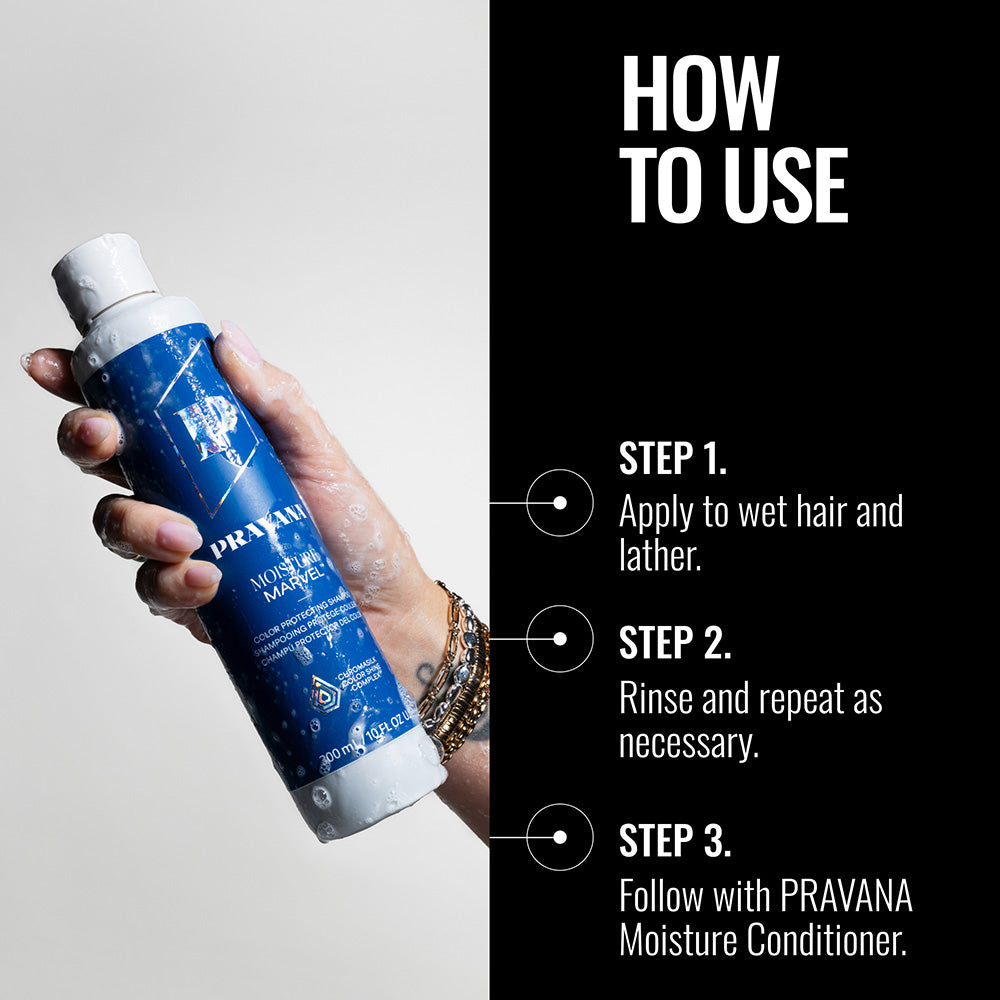 Moisture Marvel Shampoo — how-to-use infographic, new-livery 300 ml bottle
