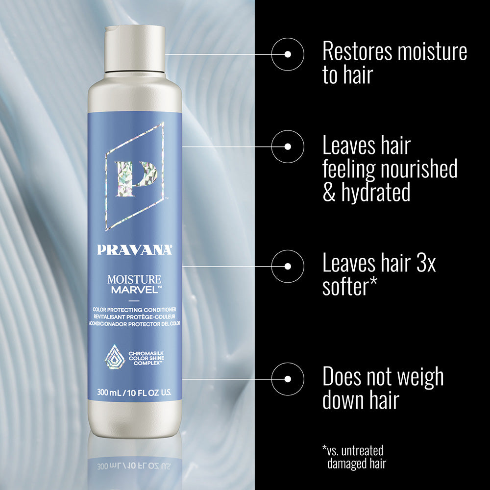Moisture Marvel Conditioner — benefits infographic, new-livery 300 ml bottle