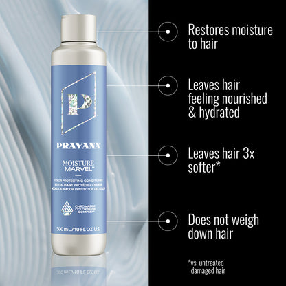 Moisture Marvel Conditioner — benefits infographic, new-livery 300 ml bottle