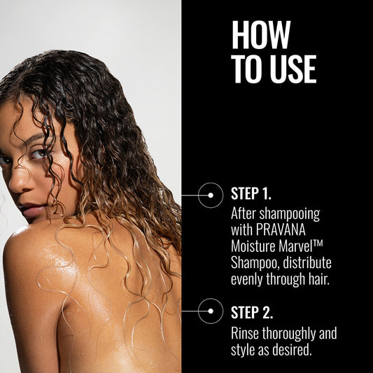 Moisture Marvel Conditioner — how-to-use infographic, new-livery 300 ml bottle