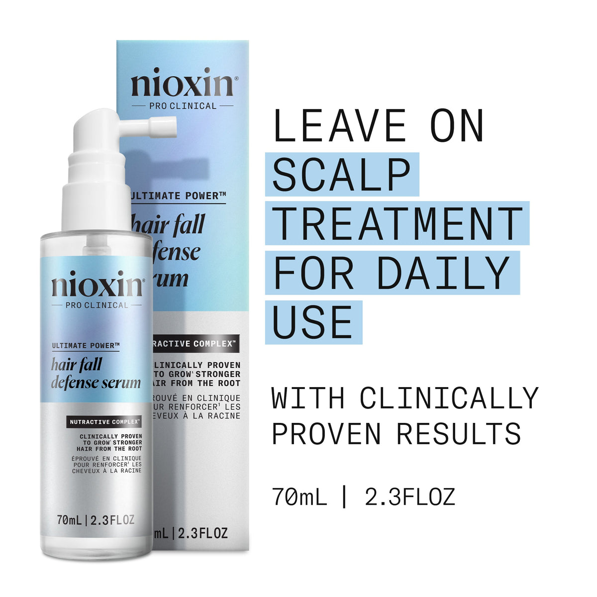Nioxin Hair Fall Defense Serum — 70 ml bottle beside its carton, daily leave-on scalp treatment