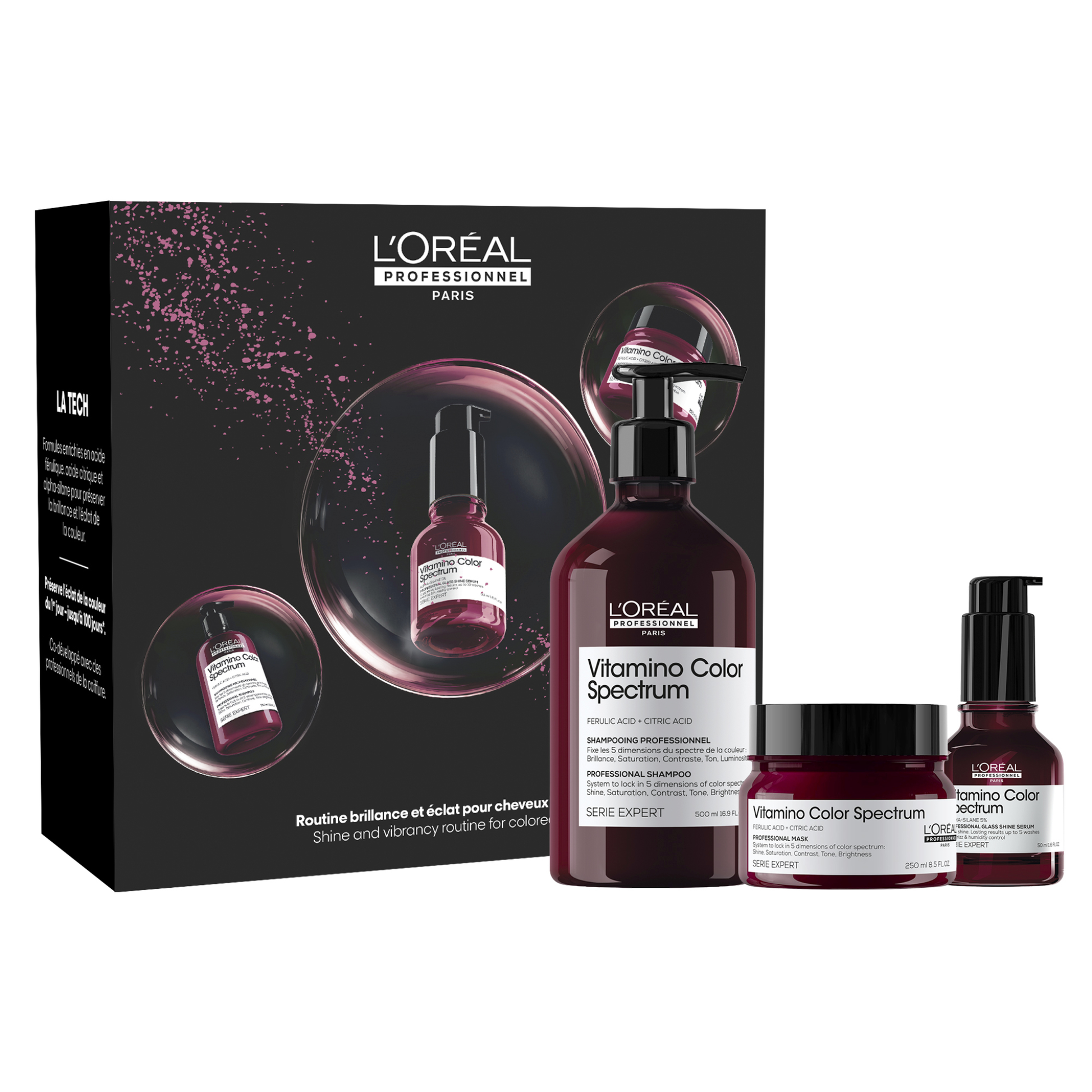 L'Oréal Professionnel Vitamino Color Spectrum Holiday Trio 2026 — gift box with the 500 ml shampoo, 250 ml mask and 50 ml glass shine serum, front of pack