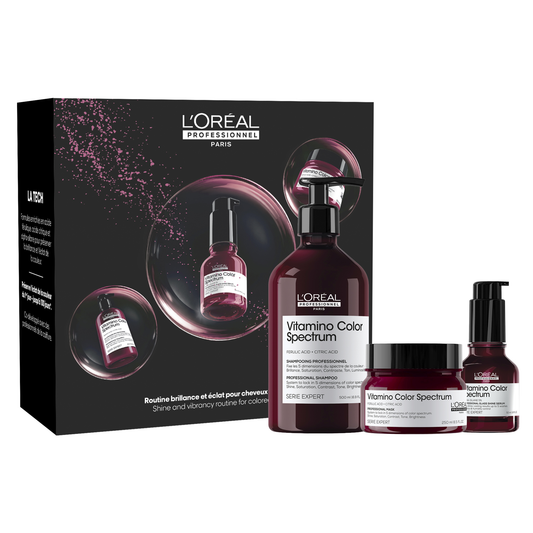 L'Oréal Professionnel Vitamino Color Spectrum Holiday Trio 2026 — gift box with the 500 ml shampoo, 250 ml mask and 50 ml glass shine serum, front of pack