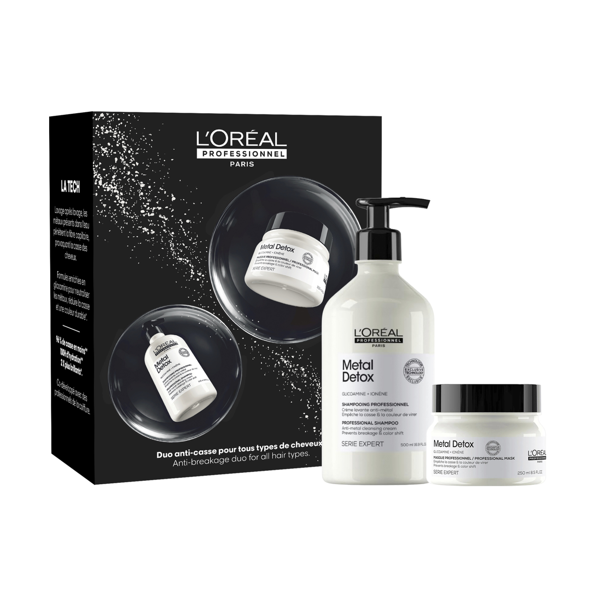 L'Oréal Professionnel Metal Detox Holiday Duo 2026 — gift box with the 500 ml cleansing cream shampoo and the 250 ml anti-deposit mask, front of pack