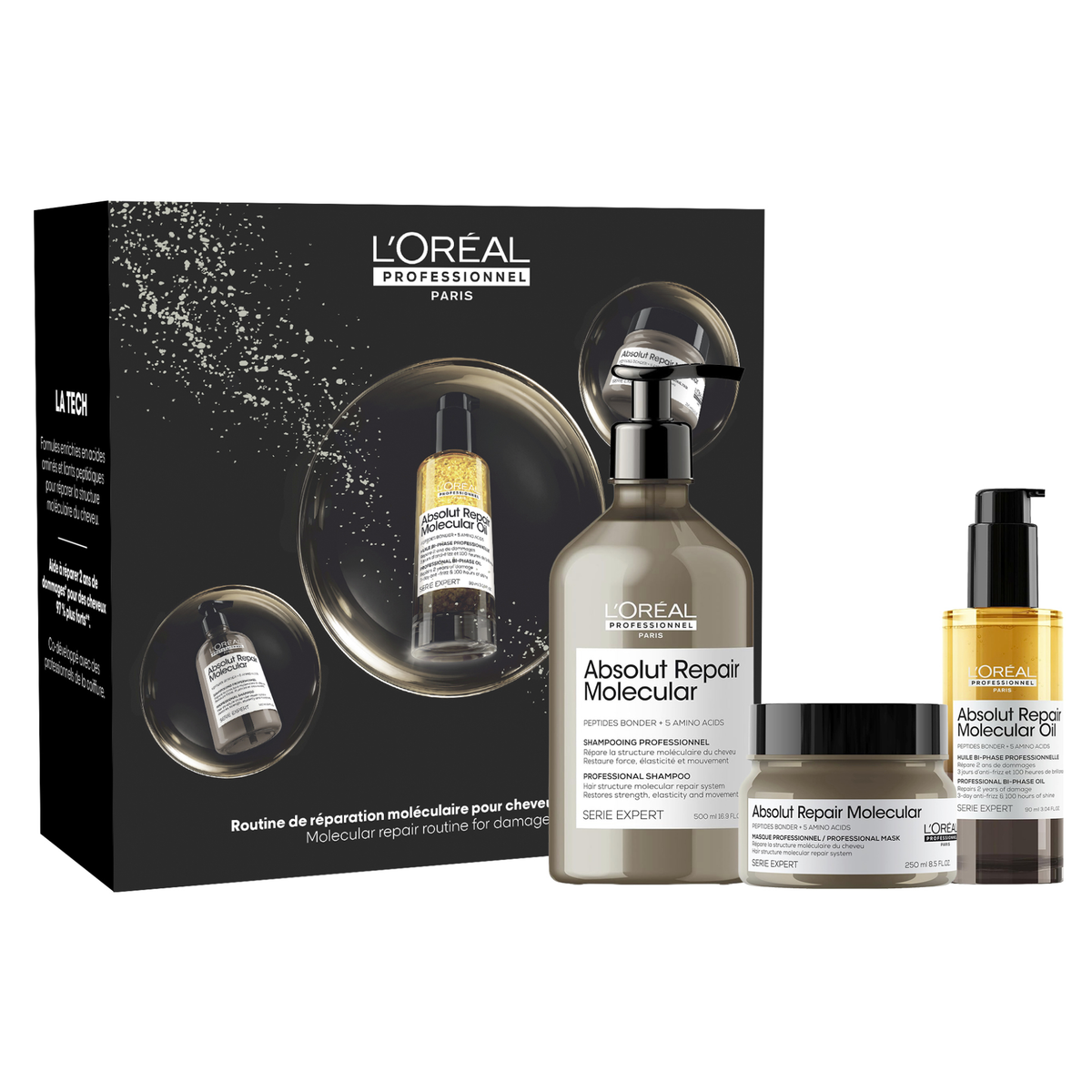 L'Oréal Professionnel Absolut Repair Molecular Holiday Trio 2026 — gift box with the 500 ml shampoo, 250 ml mask and 90 ml bi-phase oil, front of pack