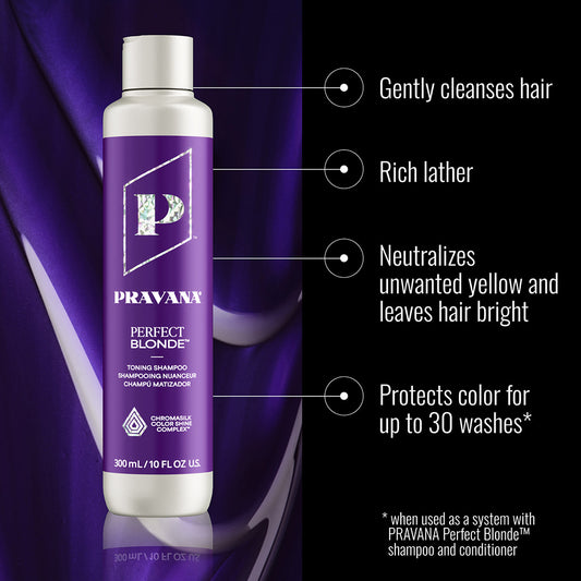 Pravana Perfect Blonde Neutralizing Shampoo — new-livery perfect blonde cleanse benefits frame showing the current 300 ml bottle