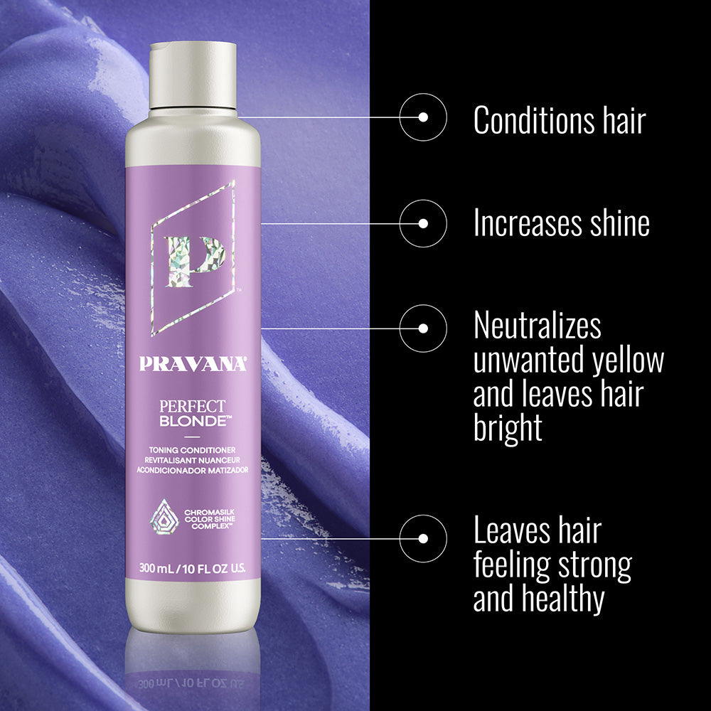 Pravana Perfect Blonde Neutralizing Conditioner — new-livery perfect blonde conditioner benefits frame showing the current 300 ml bottle