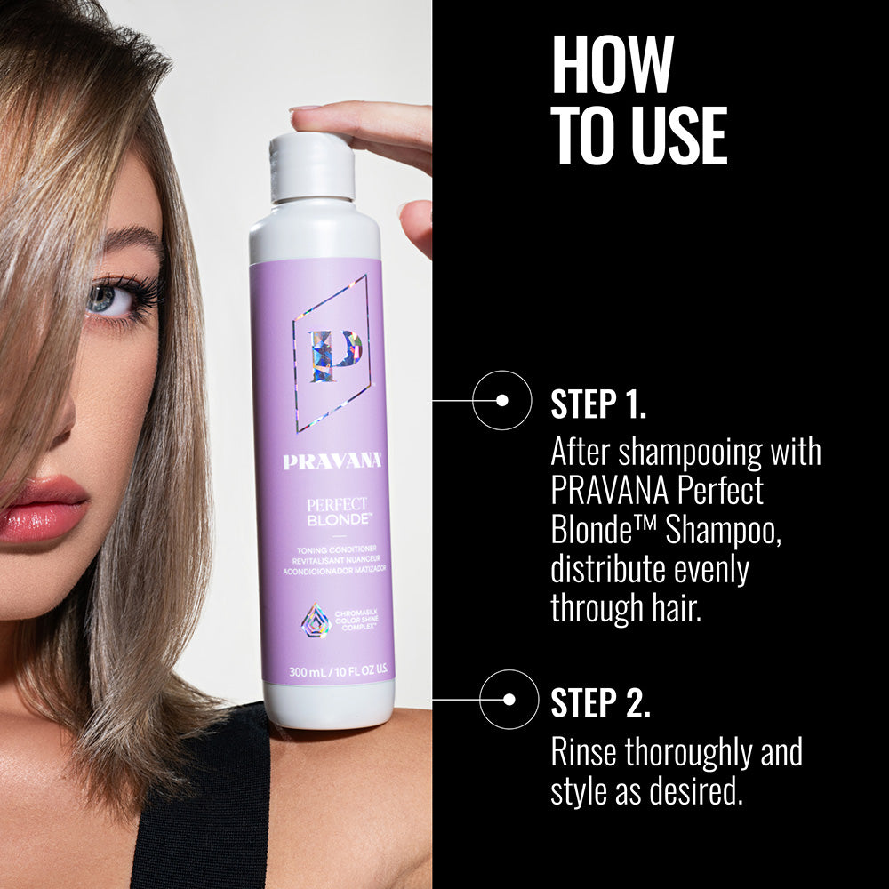 Pravana Perfect Blonde Neutralizing Conditioner — new-livery perfect blonde conditioner use frame showing the current 300 ml bottle