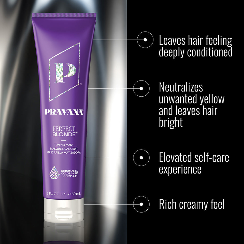 Pravana Perfect Blonde Neutralizing Mask — new-livery perfect blonde mask benefits frame showing the current 300 ml bottle
