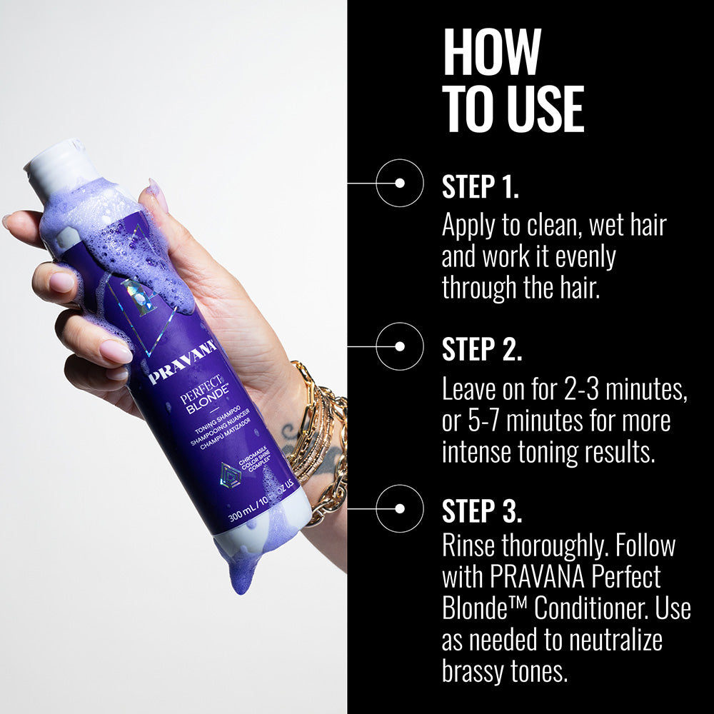 Pravana Perfect Blonde Neutralizing Shampoo — new-livery perfect blonde shampoo how to use frame showing the current 300 ml bottle