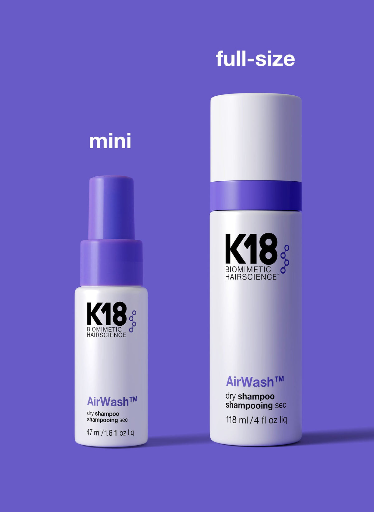 K18 AirWash Non-Aerosol Dry Shampoo — 1.6 oz mini beside 4 oz full size