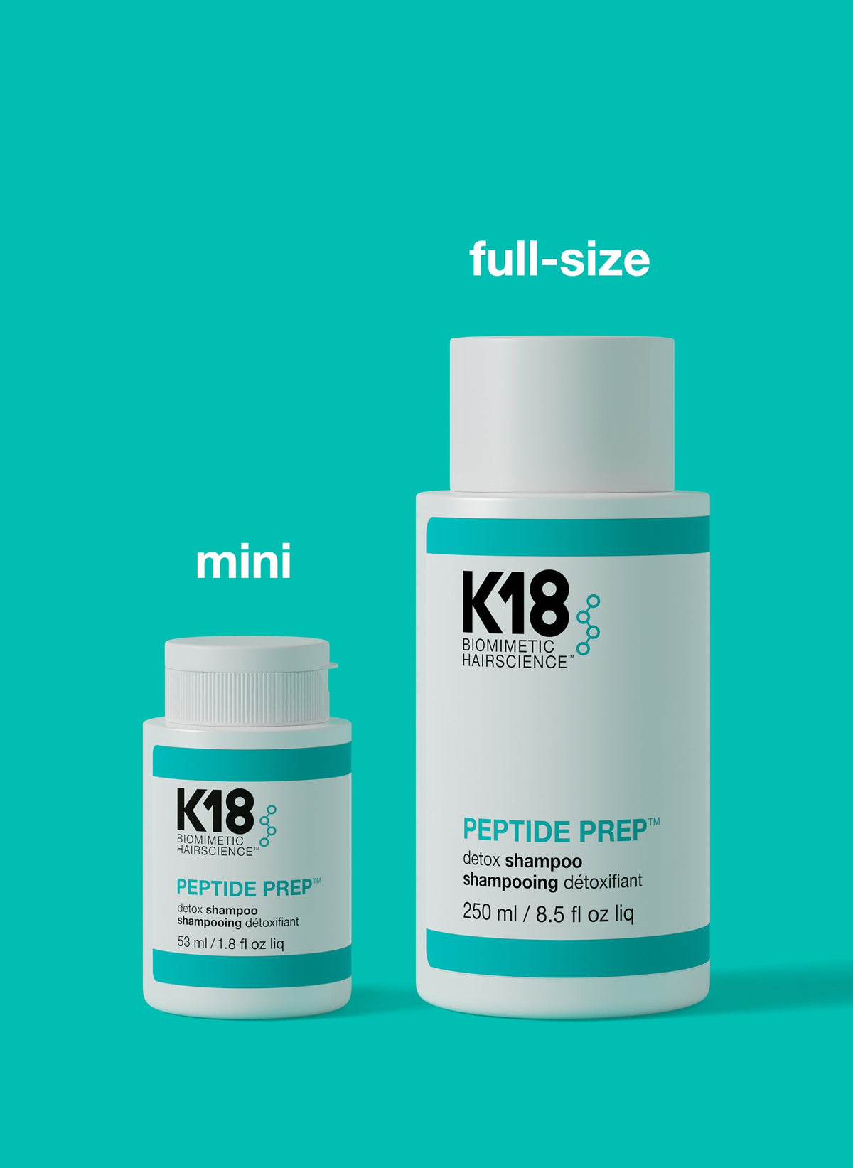 K18 Peptide Prep Detox Clarifying Shampoo — 53 ml mini beside 250 ml full size