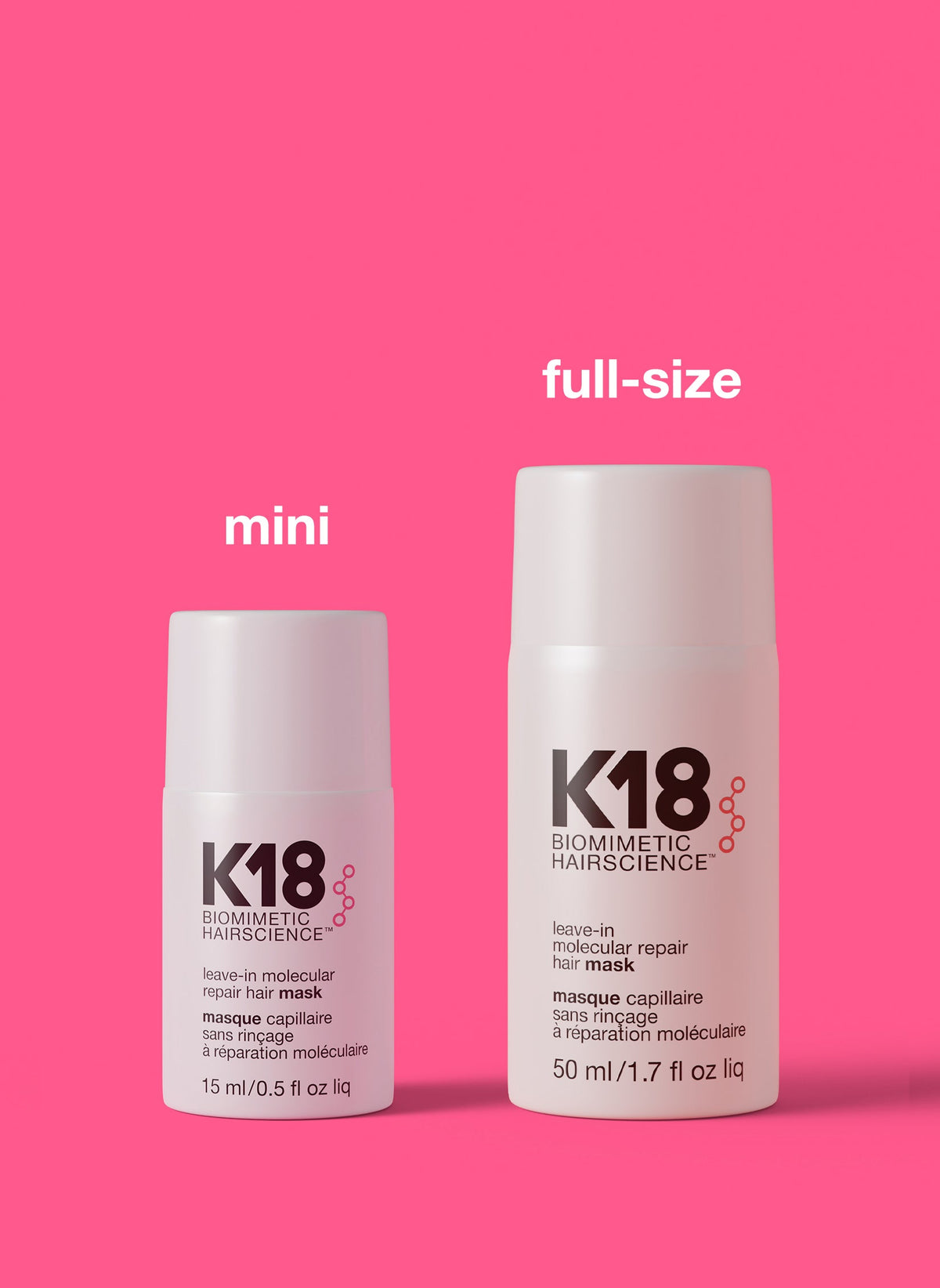 K18 Leave-In Molecular Repair Hair Mask — 15 ml mini beside 50 ml full size