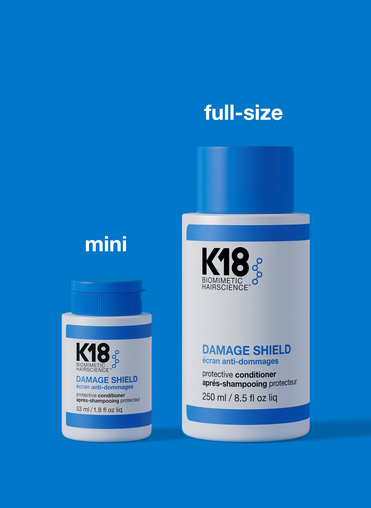 K18 Damage Shield Protective Conditioner — 53 ml mini beside 250 ml full size