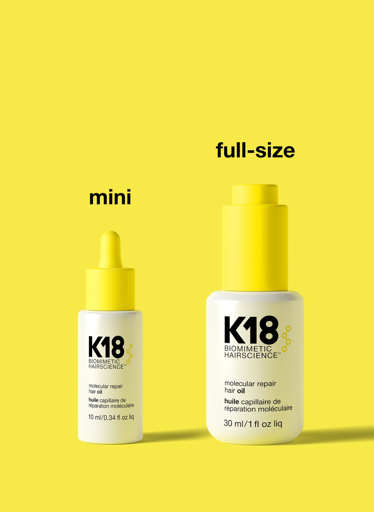 K18 Weightless Molecular Repair Hair Oil — 10 ml mini beside 30 ml full size