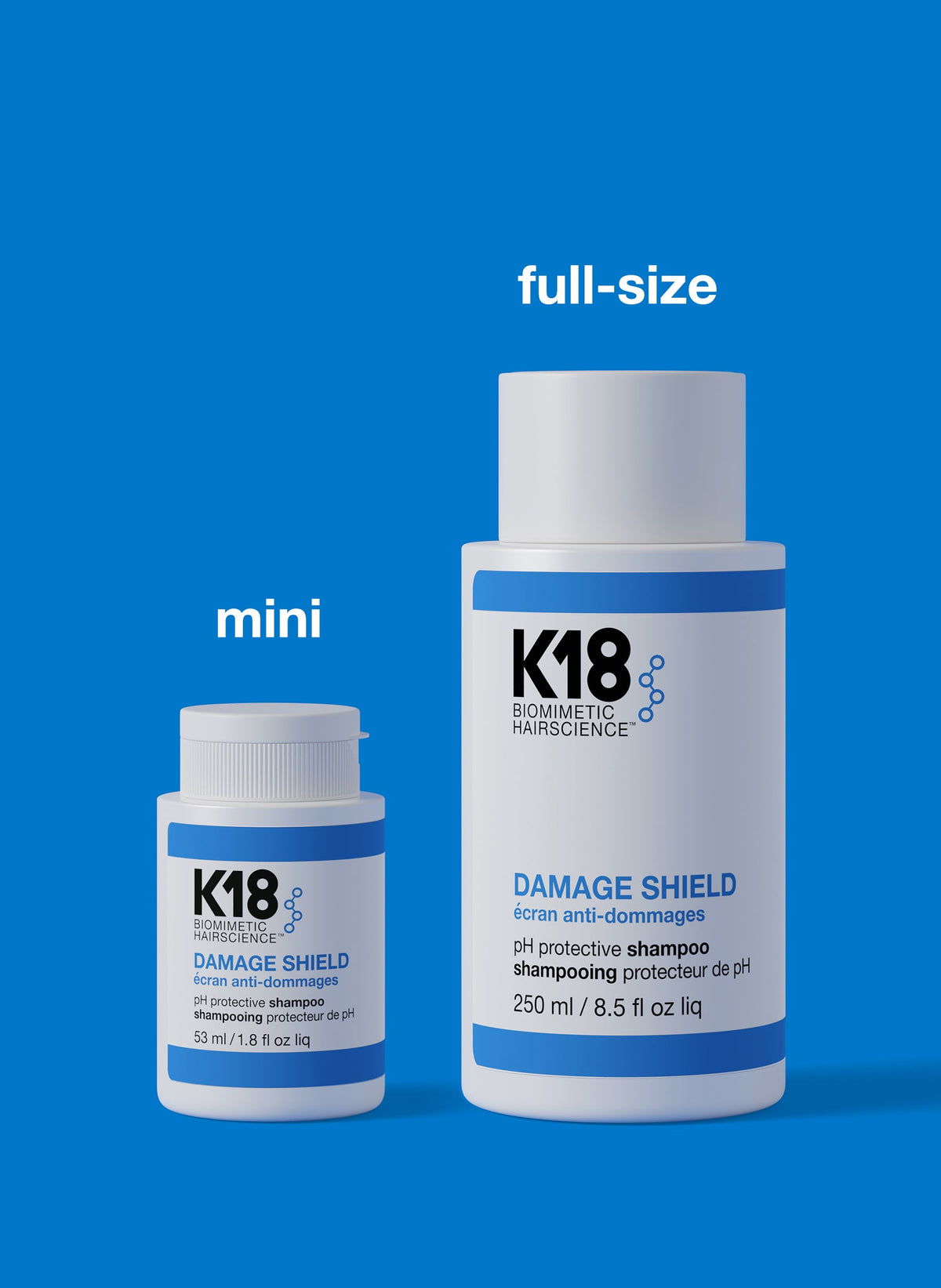 K18 Damage Shield Protective Shampoo — 53 ml mini beside 250 ml full size