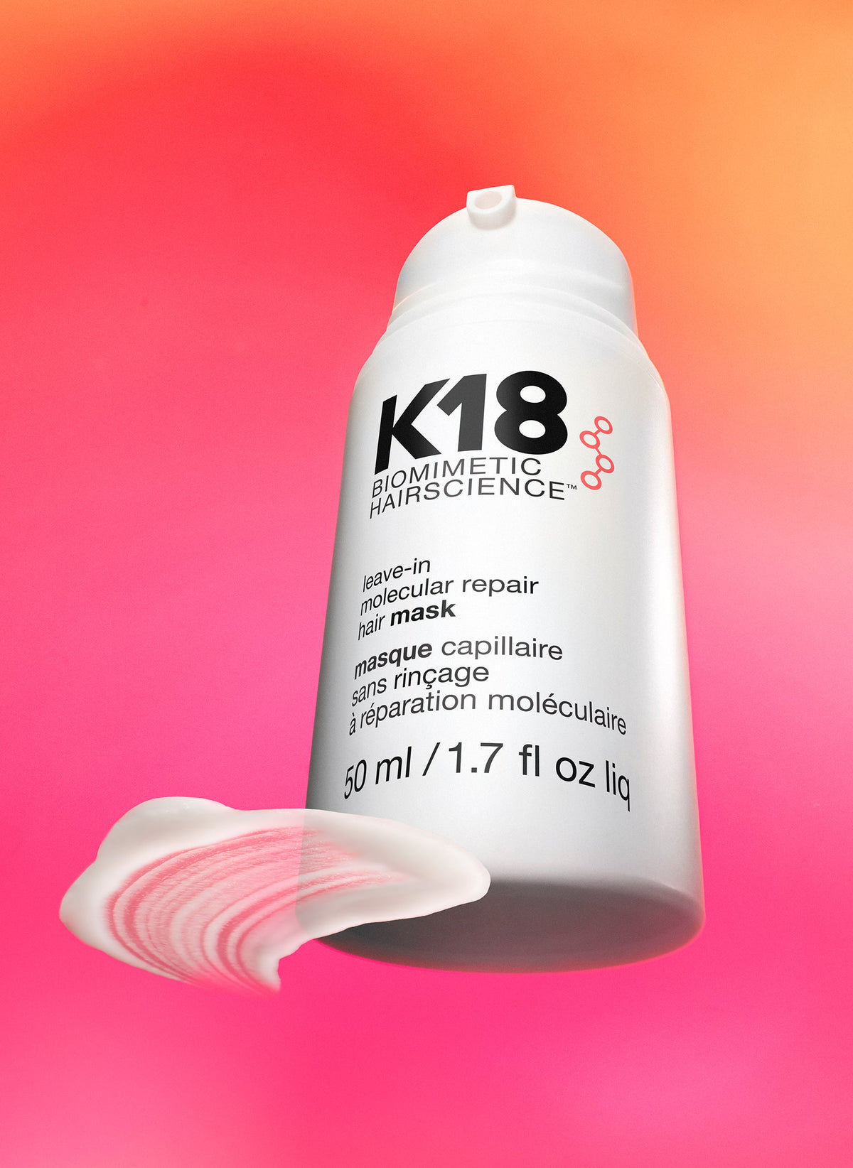 K18 Leave-In Molecular Repair Hair Mask — 50 ml bottle with cream texture swatch