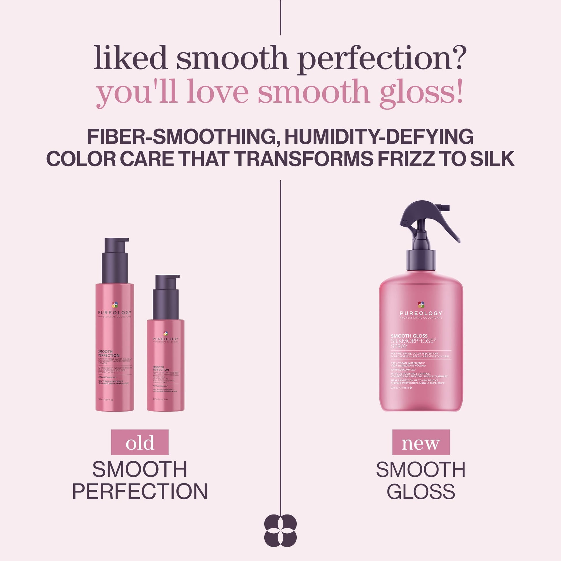 Pureology Smooth Gloss Silkmorphose Smoothing Spray – packaging update, old look to new look