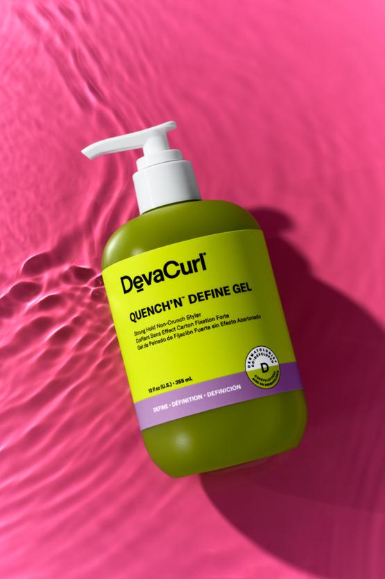 DevaCurl Quench'N Define Gel bottle on water