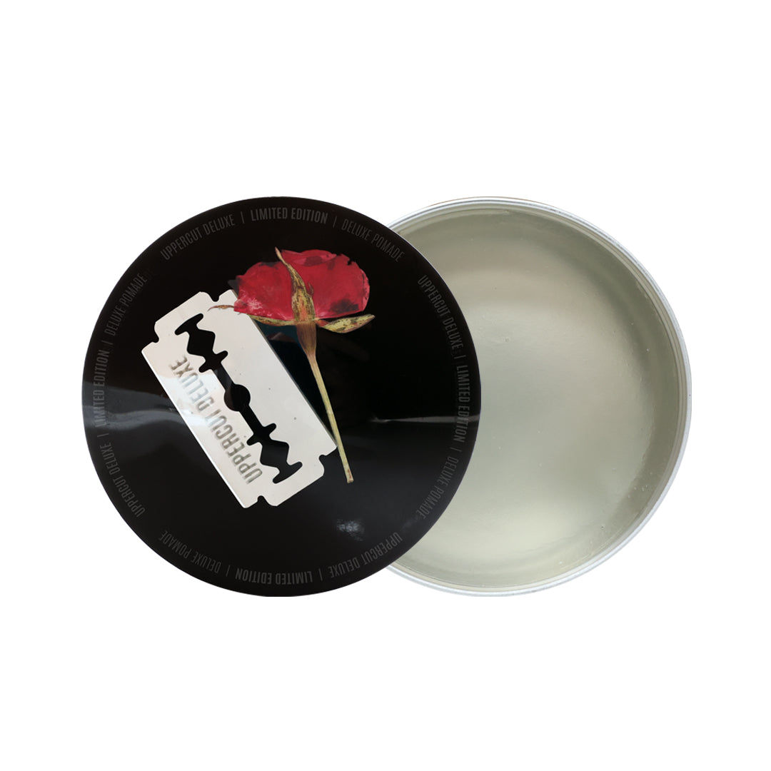 Uppercut Deluxe Resin & Rose Pomade — 100 g tin open showing the clear pomade beside the lid