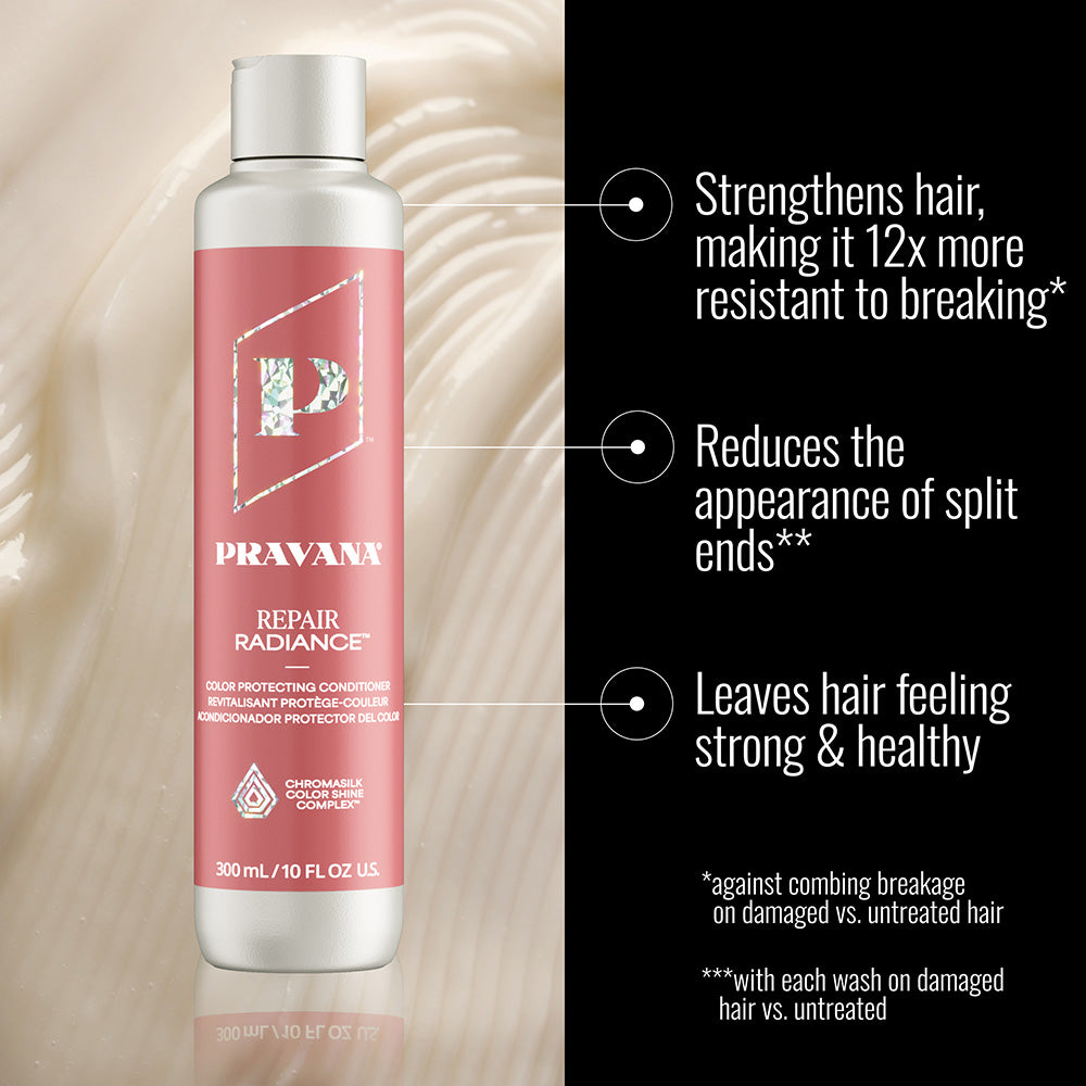 Conditioner Repair Radiance — infographie des bienfaits montrant le flacon 300 ml
