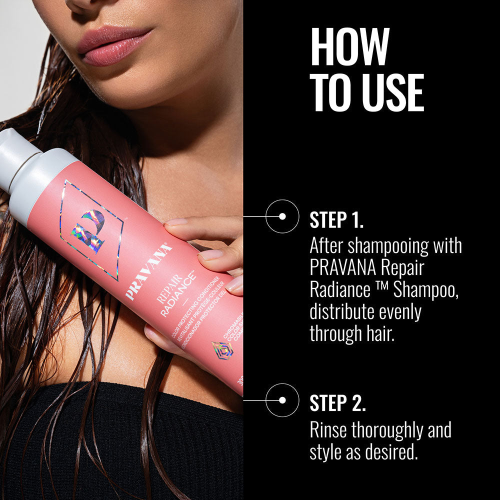 Conditioner Repair Radiance — infographie mode d'emploi montrant le flacon 300 ml