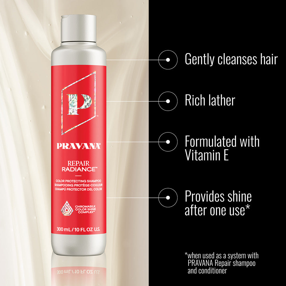 Repair Radiance Shampoo — infographie des bienfaits montrant le flacon 300 ml