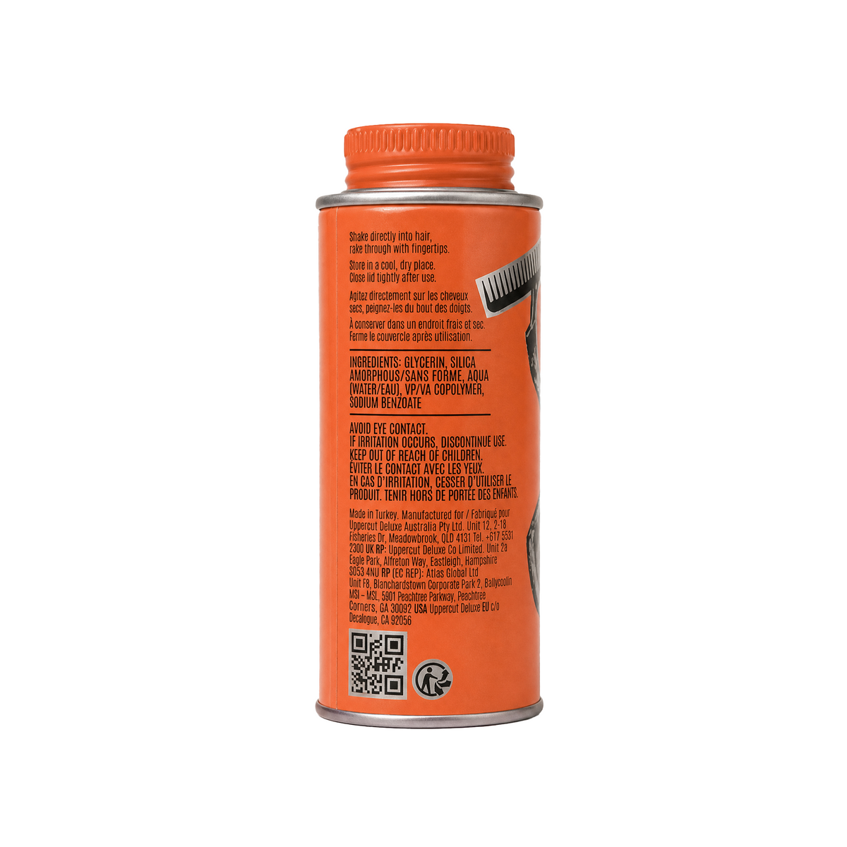 Uppercut Deluxe Skull Dust Styling Powder — 20 g tin back label with directions and ingredients