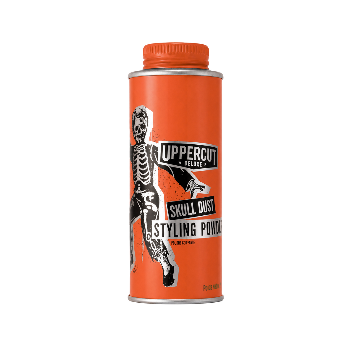 Uppercut Deluxe Skull Dust Styling Powder — 20 g limited-edition orange collector tin, front, plain white background