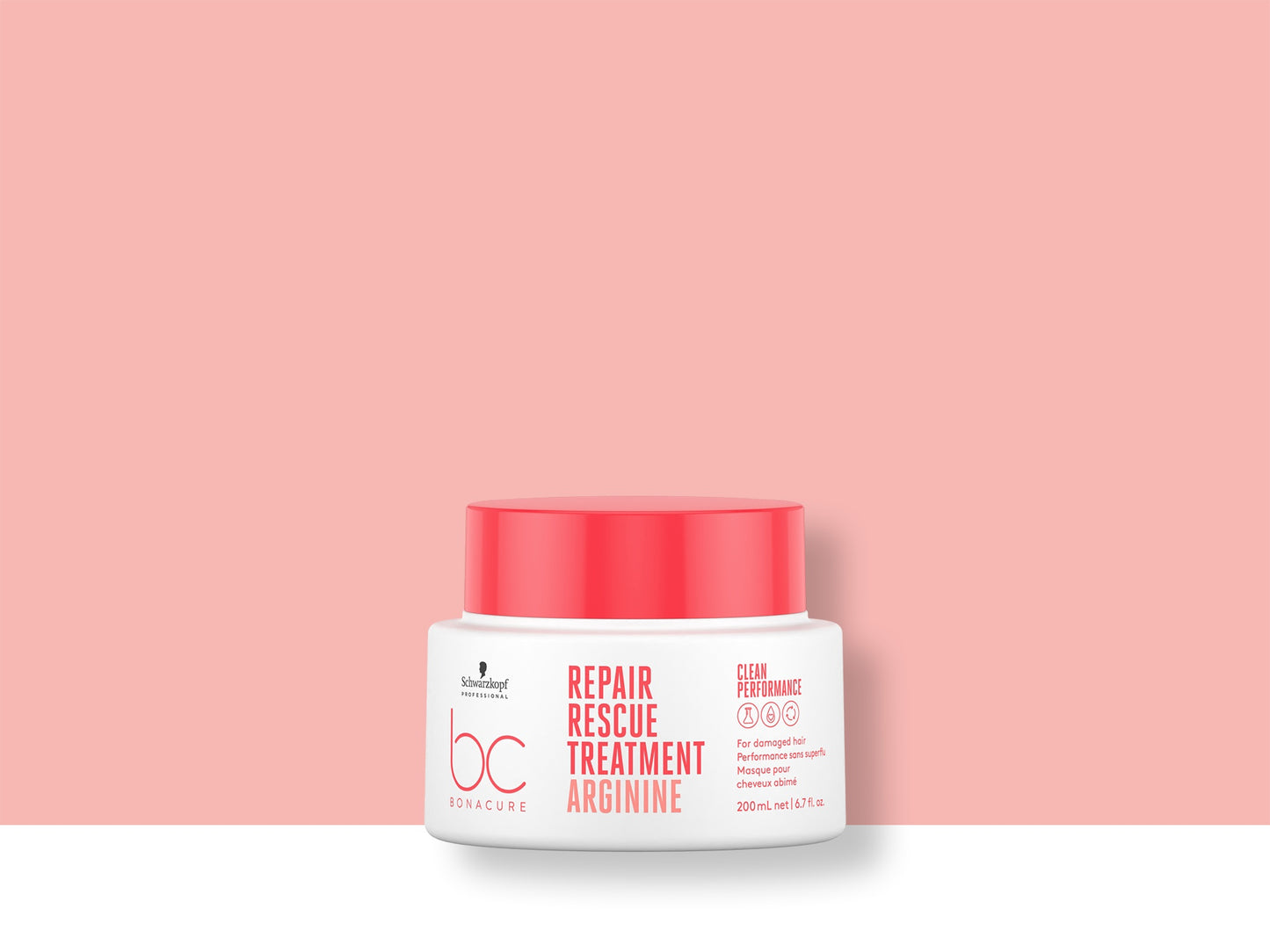 Bonacure Repair Rescue Treatment — Treatment 200 ml jar Arginine, 2021 Clean Performance livery, official brand tile on coral background