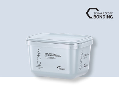 Schwarzkopf Professional IGORA Vario Blond Plus — current-livery 450 g tub, blue dust-free lightening powder, front label, plain background