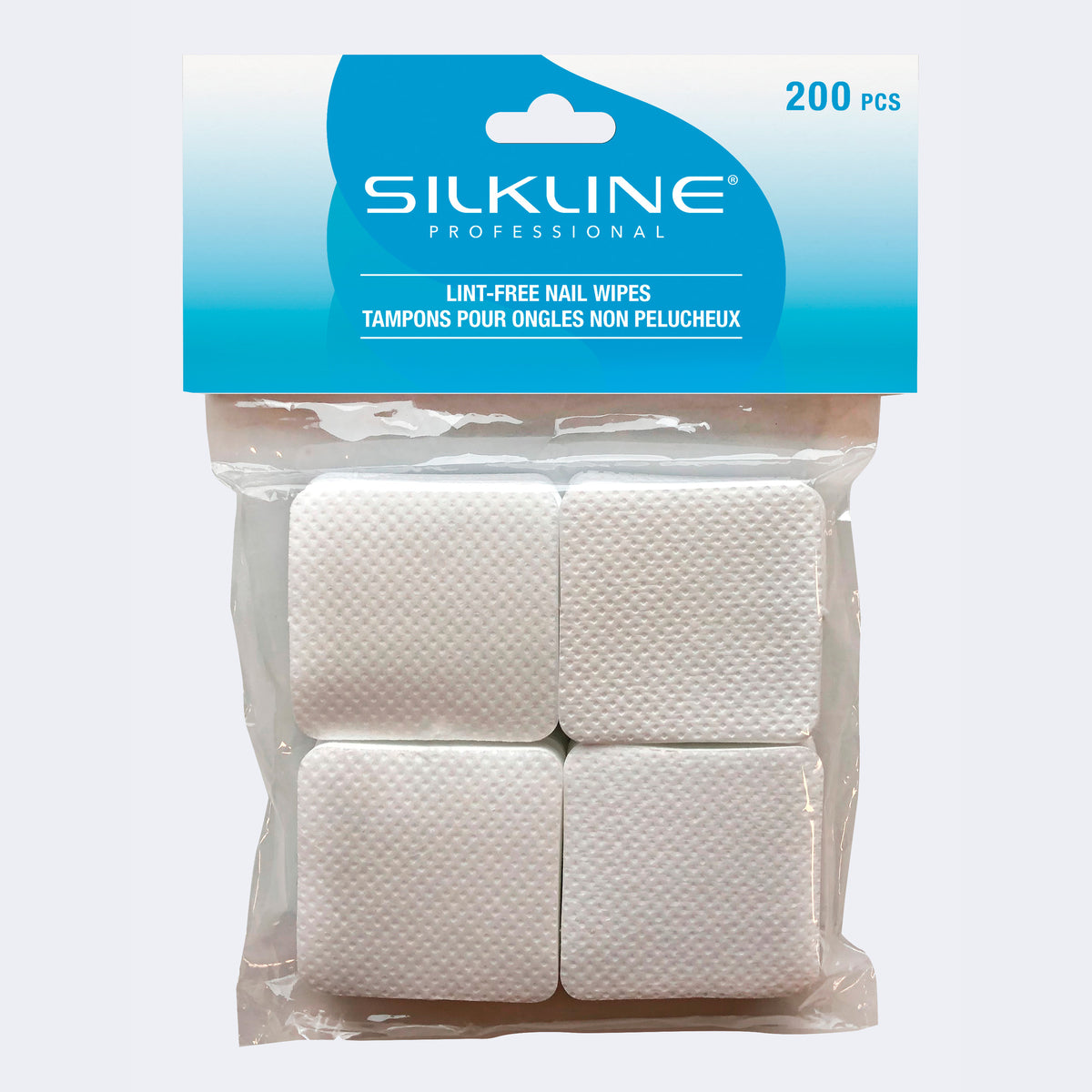 Silkline Professional Lint-Free Nail Wipes — 200-piece retail bag, blue SilkLine Professional label / Tampons pour ongles non pelucheux Silkline — sachet de vente au détail de 200, étiquette bleue SilkLine Professional — SL52500C