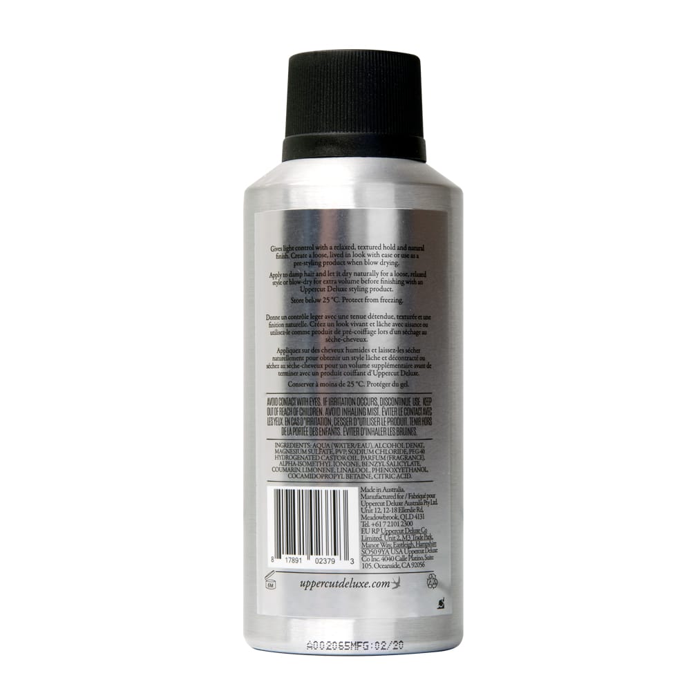 Uppercut Deluxe Salt Spray — 150 ml bottle back label with directions and ingredients