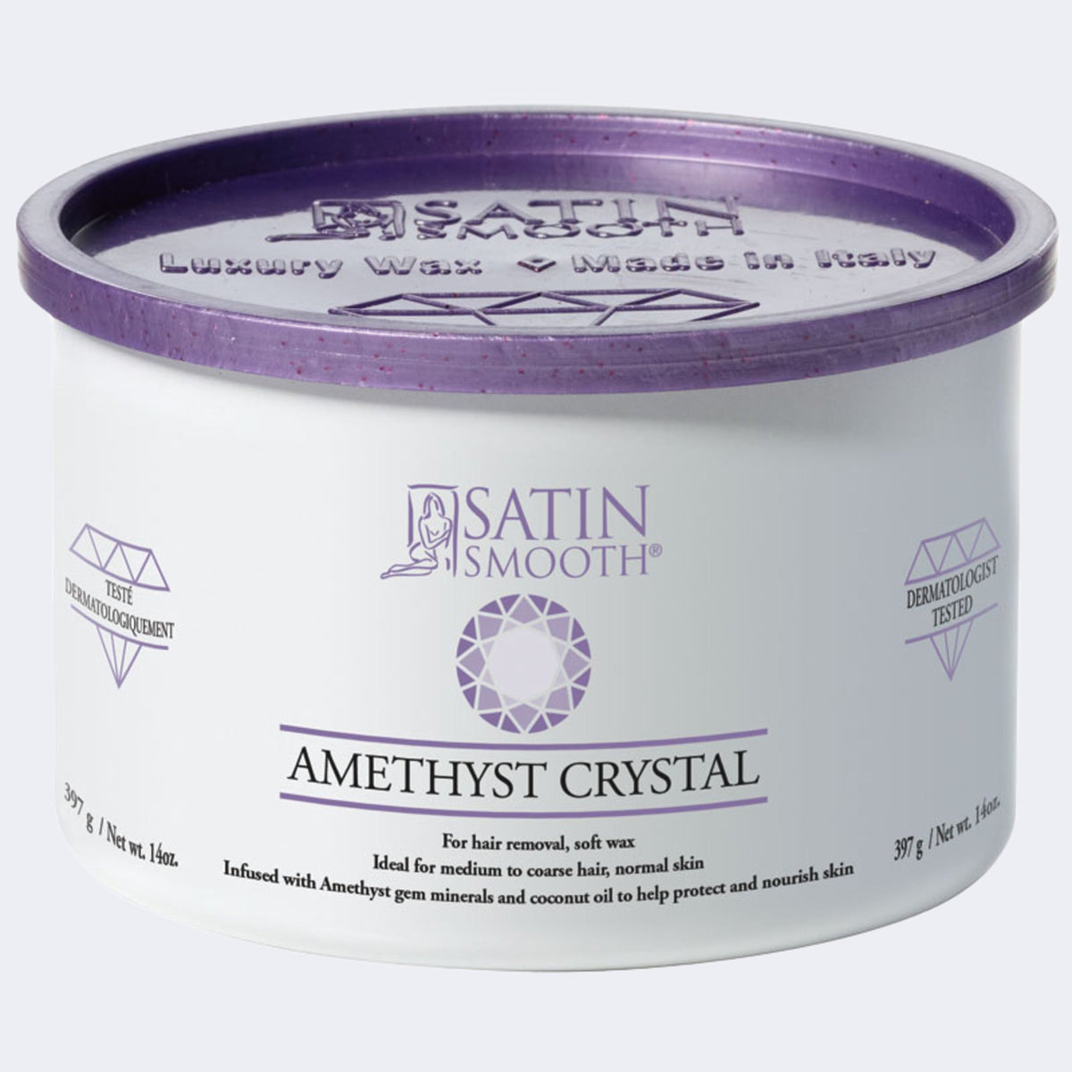 Satin Smooth Luxury Gem Wax 14oz - Amethyst Crystal — front of pack on plain white - distributor (Dannyco) livery: white can, purple lid embossed "Luxury Wax - Made in Italy"