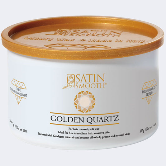 Satin Smooth Luxury Gem Wax 14oz - Gold Quartz — front of pack on plain white - distributor (Dannyco) livery: white can, gold lid embossed "Luxury Wax - Made in Italy"