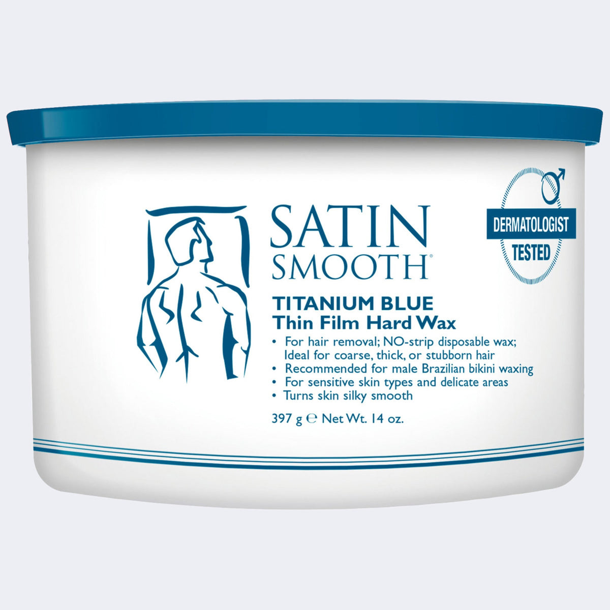 Satin Smooth Titanium Blue Thin-Film Hard Wax — front of pack on plain white - 2000px Dannyco distributor master