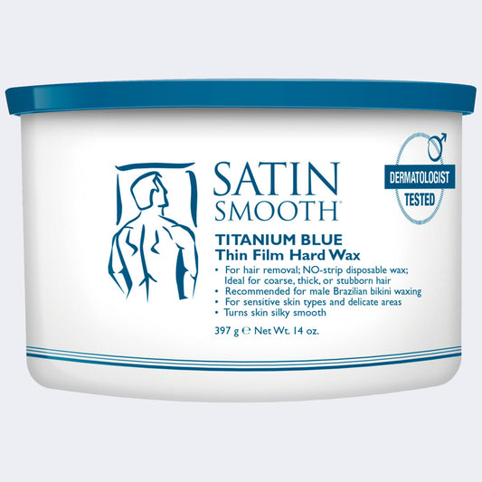 Satin Smooth Titanium Blue Thin-Film Hard Wax — front of pack on plain white - 2000px Dannyco distributor master