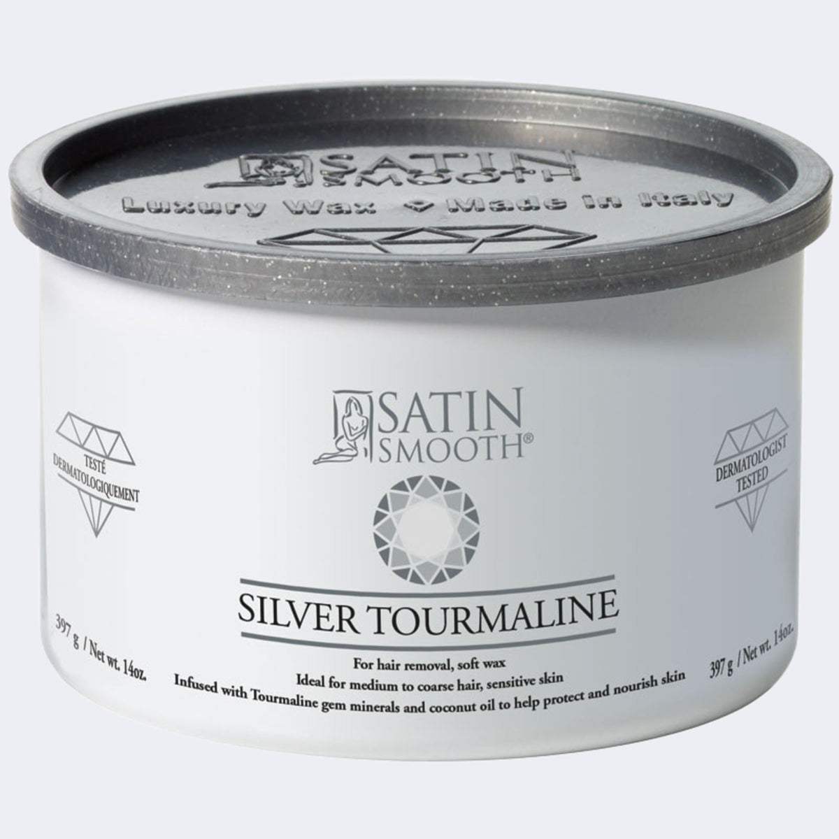 Satin Smooth Luxury Gem Wax 14oz - Silver Tourmaline — front of pack on plain white - distributor (Dannyco) livery: white can, graphite lid embossed "Luxury Wax - Made in Italy"
