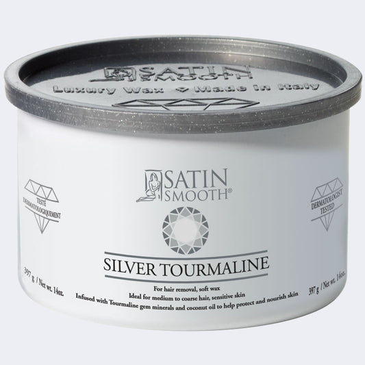 Satin Smooth Luxury Gem Wax 14oz - Silver Tourmaline — front of pack on plain white - distributor (Dannyco) livery: white can, graphite lid embossed "Luxury Wax - Made in Italy"