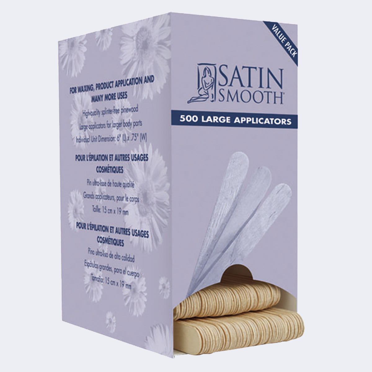 Satin Smooth Wood Wax Applicators — 500-count large applicator dispenser carton, front