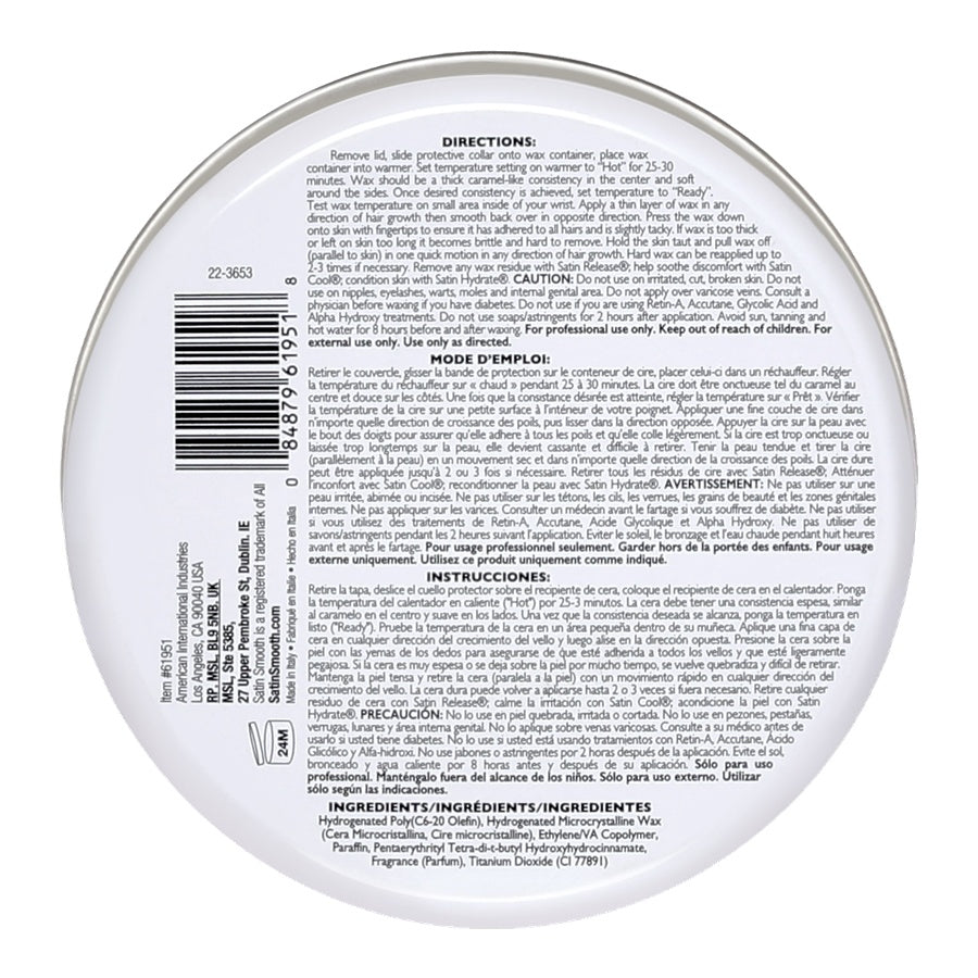 Satin Smooth Multidirectional Hard Wax - Coconut Aroma — underside of the pack showing the label and barcode
