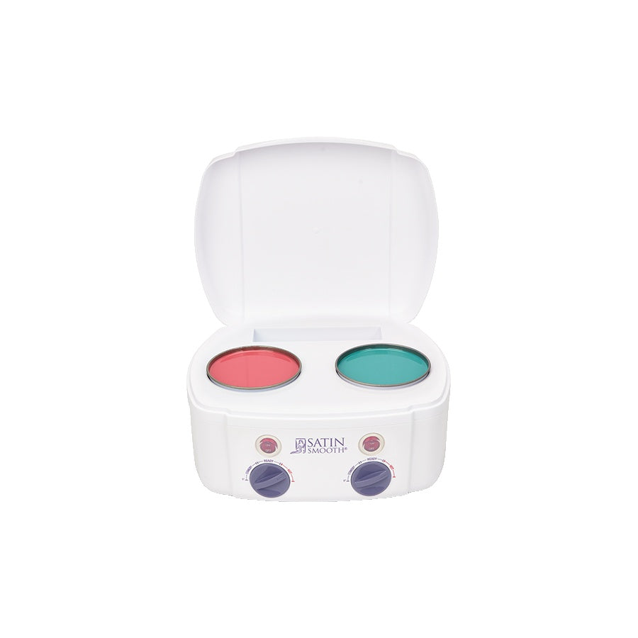 Satin Smooth Professional Double Wax Warmer — lid open showing the two stainless steel wells