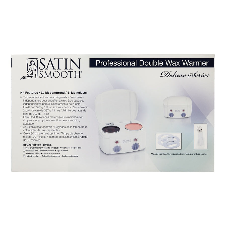 Satin Smooth Professional Double Wax Warmer — retail box front listing the kit contents