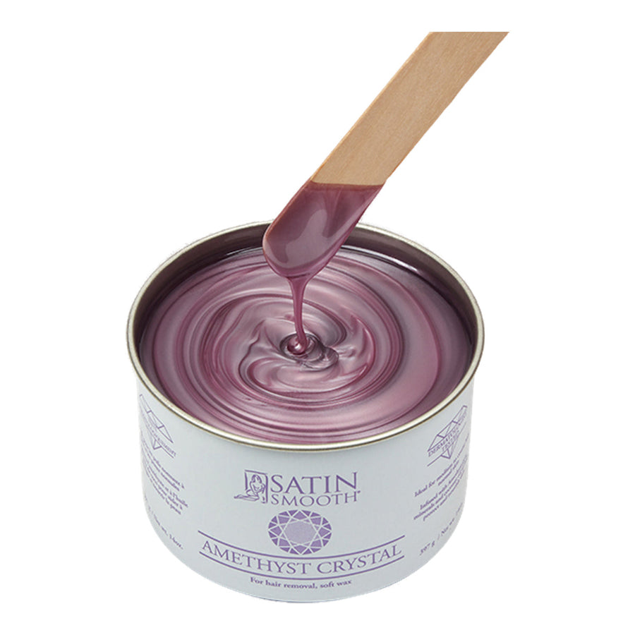 Satin Smooth Luxury Gem Wax 14oz - Amethyst Crystal — angled studio shot of the product - current satinsmooth.com livery, white can reading "INFUSED WITH"