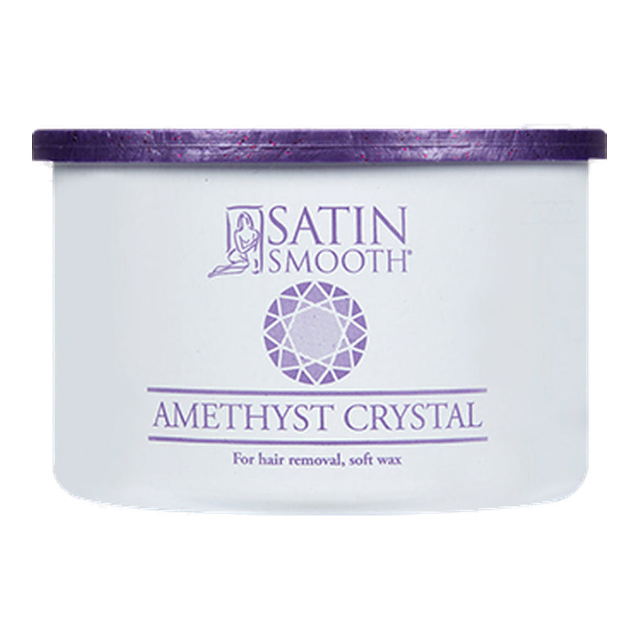 Satin Smooth Luxury Gem Wax 14oz - Amethyst Crystal — 14 oz (397 g) tin, front of pack on plain white - current satinsmooth.com livery, white can reading "INFUSED WITH"
