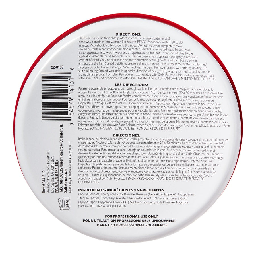 SATIN SMOOTH™ WILD CHERRY HARD WAX with vitamin E — underside of the pack showing the label and barcode