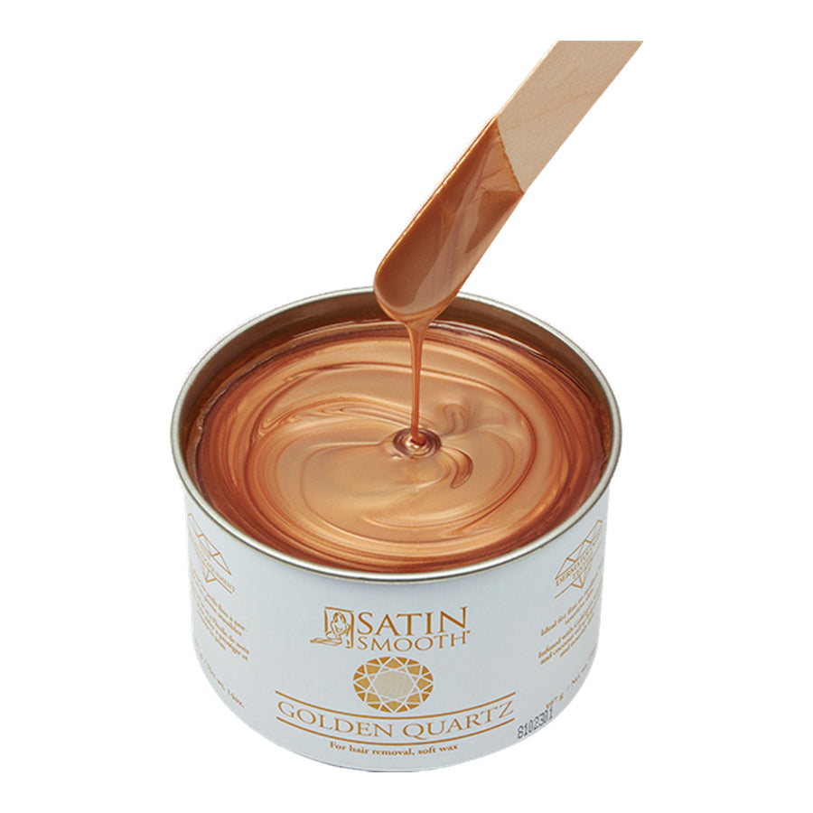Satin Smooth Luxury Gem Wax 14oz - Gold Quartz — angled studio shot of the product - current satinsmooth.com livery, white can reading "INFUSED WITH"
